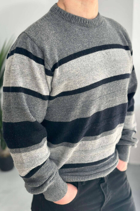 ROUND NECK STRIPED MEN SWEATER IN GREY COLOR - 2