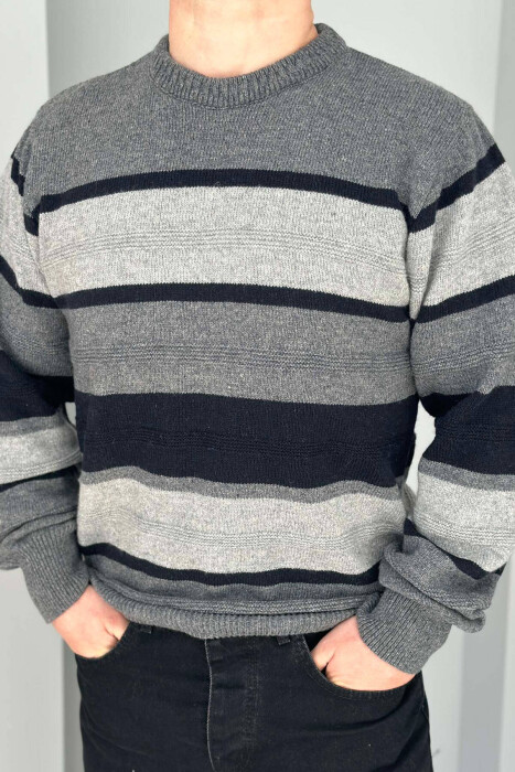 ROUND NECK STRIPED MEN SWEATER IN GREY COLOR - 4