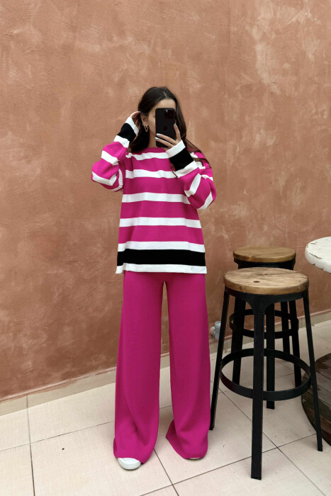 ROUND NECK STRIPED SWEATER+TROUSERS KNIT WOMEN SET FUCHSIA/CIKLAMI 