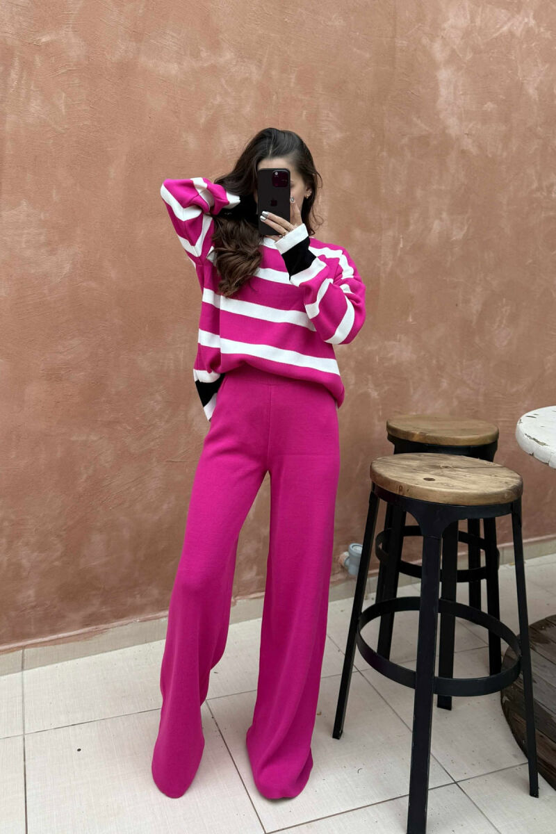 ROUND NECK STRIPED SWEATER+TROUSERS KNIT WOMEN SET FUCHSIA/CIKLAMI - 2