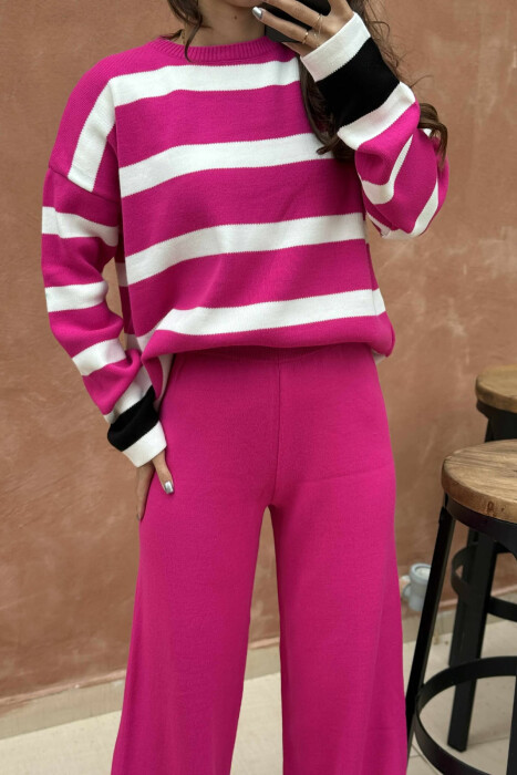 ROUND NECK STRIPED SWEATER+TROUSERS KNIT WOMEN SET FUCHSIA/CIKLAMI - 4