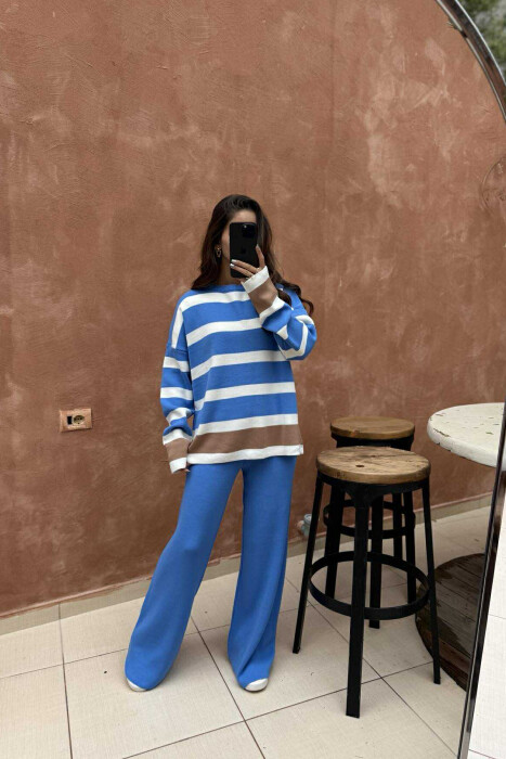 ROUND NECK STRIPED SWEATER+TROUSERS KNIT WOMEN SET LIGHTBLUE/BZ - 1