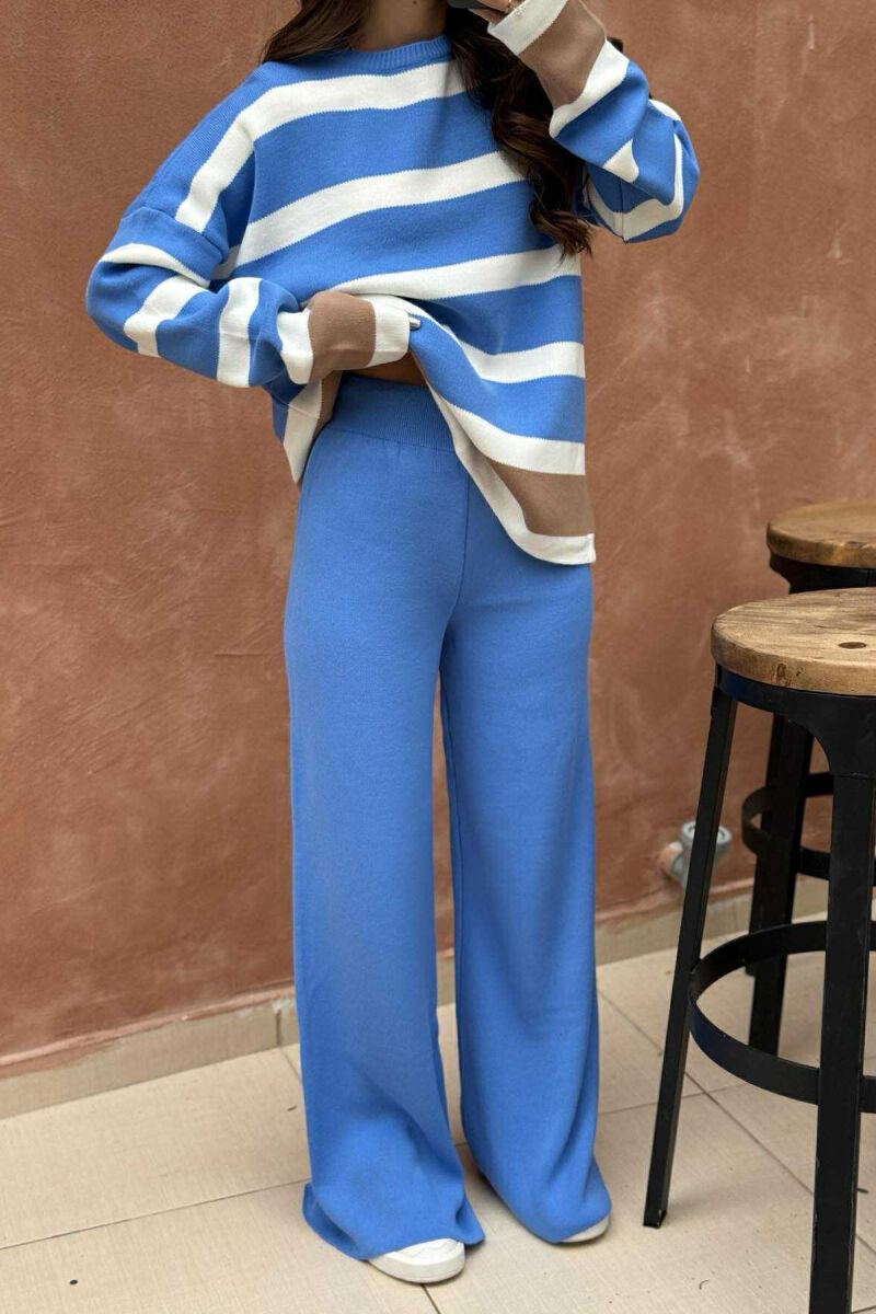 ROUND NECK STRIPED SWEATER+TROUSERS KNIT WOMEN SET LIGHTBLUE/BZ - 3