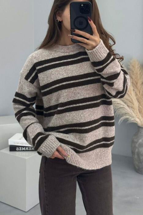 ROUND NECK STRIPED WOMEN SWEATER BEIGE/BEZHE - 3