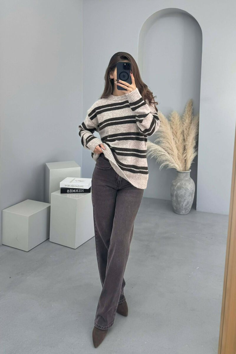 ROUND NECK STRIPED WOMEN SWEATER BEIGE/BEZHE - 4