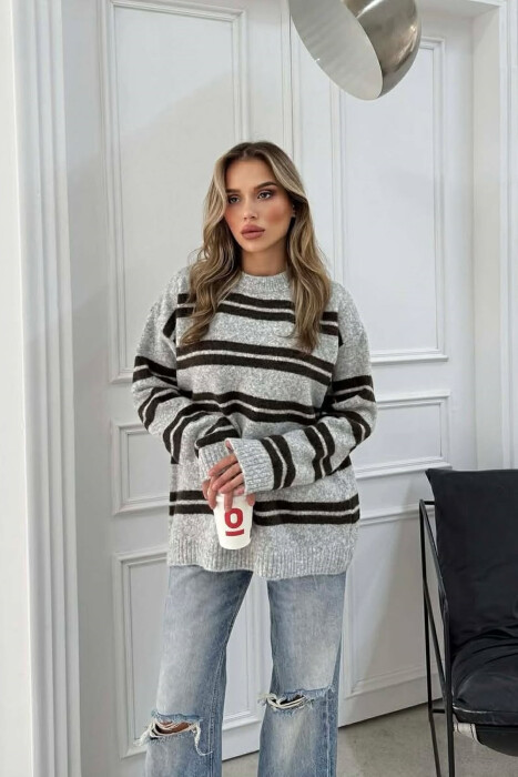 ROUND NECK STRIPED WOMEN SWEATER LIGHT GREY/GZ - 2
