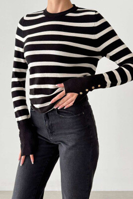 ROUND NECK STRIPED WOMEN SWEATSHIRT BLACK-WHITE/ZB 