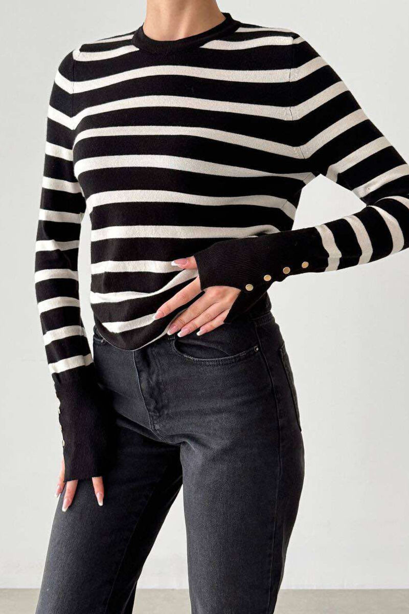 ROUND NECK STRIPED WOMEN SWEATSHIRT BLACK-WHITE/ZB - 1