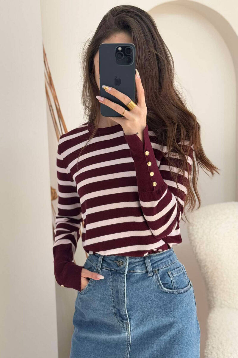 ROUND NECK STRIPED WOMEN SWEATSHIRT BURGUNDY/VISHNJE - 2