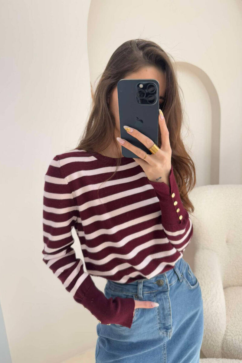 ROUND NECK STRIPED WOMEN SWEATSHIRT BURGUNDY/VISHNJE - 3