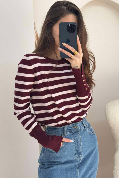 ROUND NECK STRIPED WOMEN SWEATSHIRT BURGUNDY/VISHNJE - 4