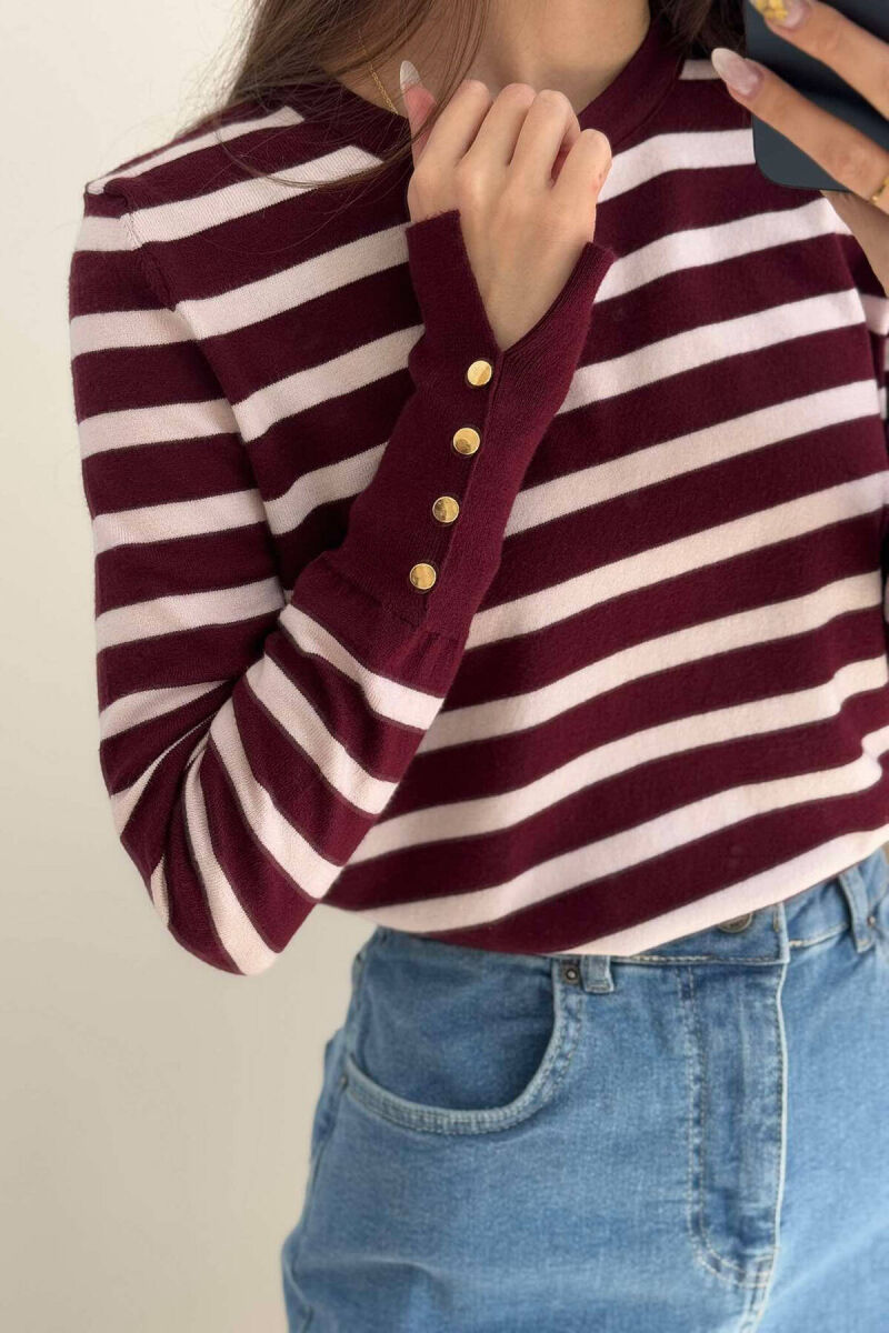 ROUND NECK STRIPED WOMEN SWEATSHIRT BURGUNDY/VISHNJE - 5