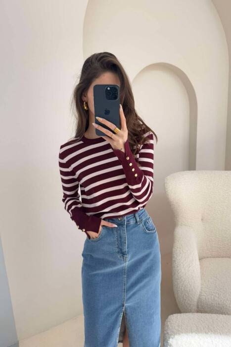 ROUND NECK STRIPED WOMEN SWEATSHIRT BURGUNDY/VISHNJE - 6