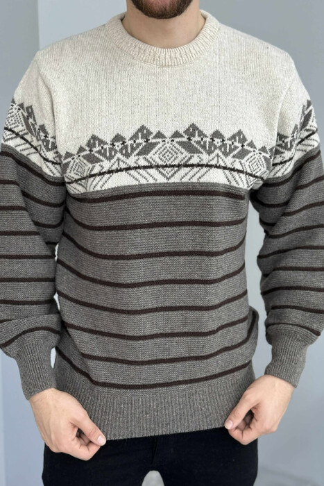 ROUND NECK STRIPES MEN SWEATER BEIGE/BEZHE - KLAUDIO FASHION
