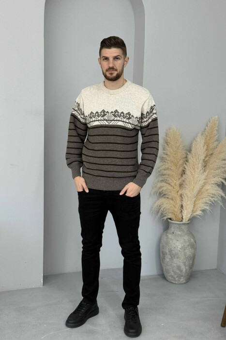 ROUND NECK STRIPES MEN SWEATER BEIGE/BEZHE - 1