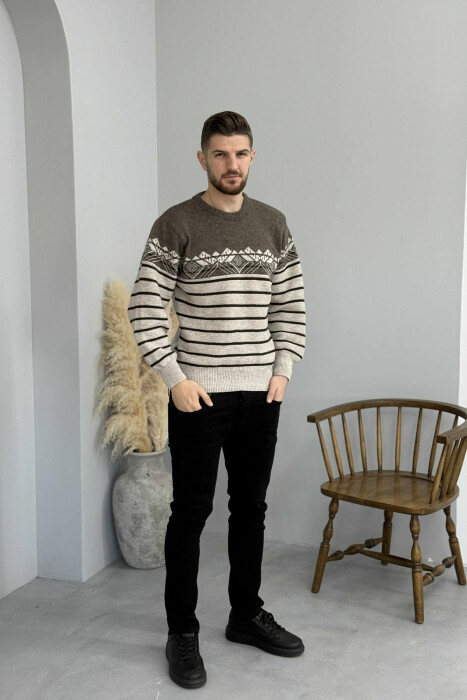 ROUND NECK STRIPES MEN SWEATER BROWN/KAFE - 1