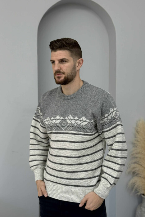 ROUND NECK STRIPES MEN SWEATER LIGHT GREY/GZ - 3