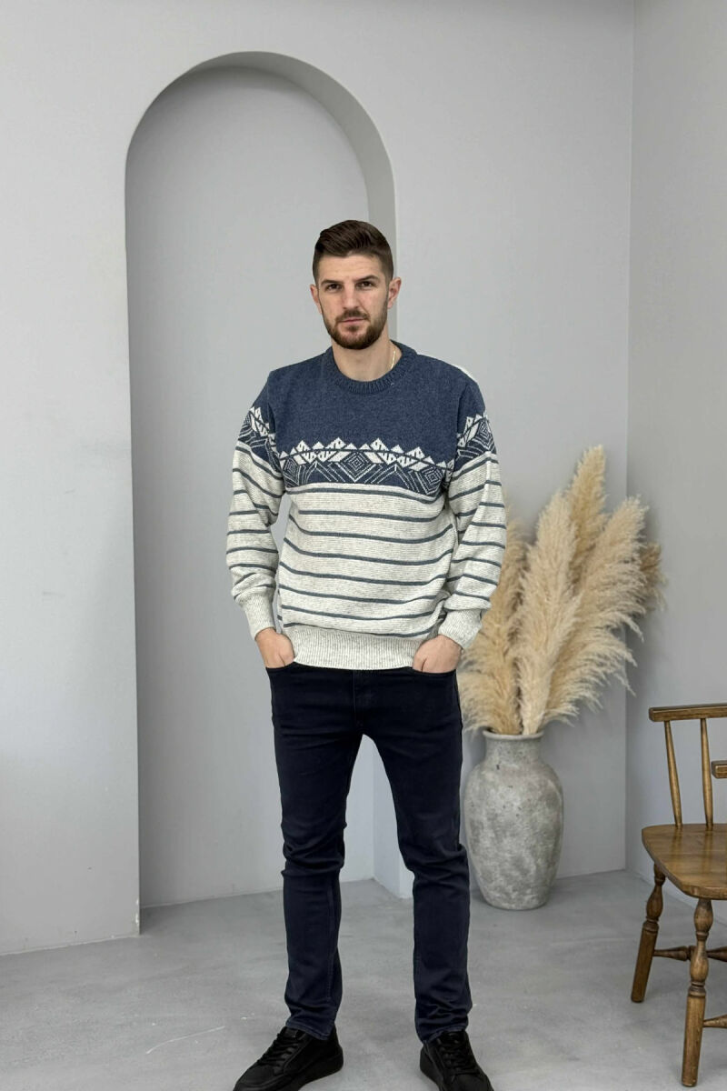 ROUND NECK STRIPES MEN SWEATER LIGHTBLUE/BZ - 1