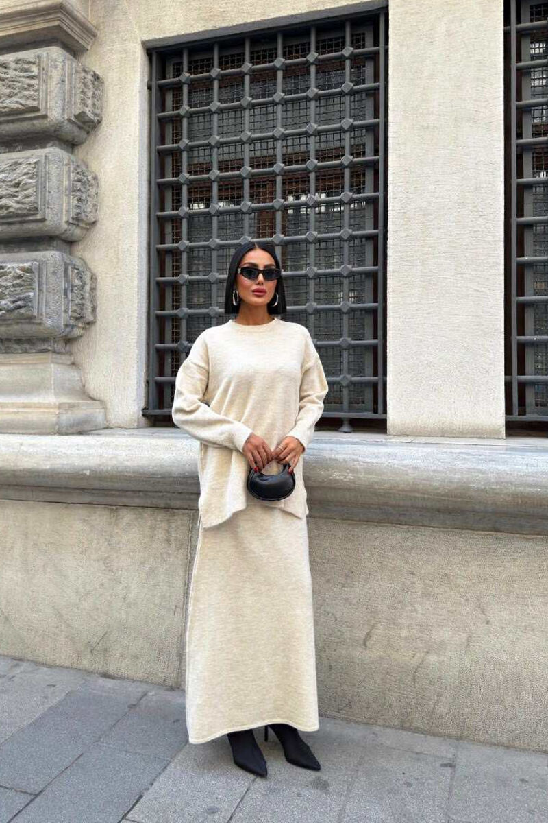 ROUND NECK SWEATER+SKIRT ONE COLOR WOMEN SET BEIGE/BEZHE - 1