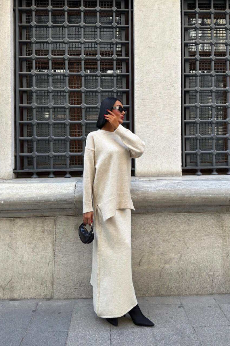 ROUND NECK SWEATER+SKIRT ONE COLOR WOMEN SET BEIGE/BEZHE - 2