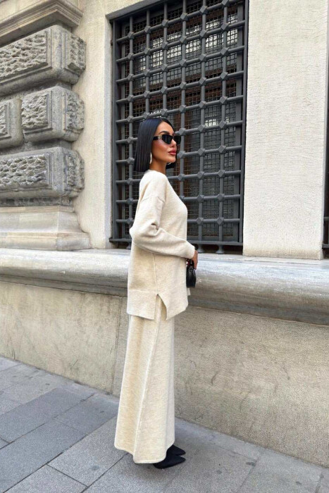 ROUND NECK SWEATER+SKIRT ONE COLOR WOMEN SET BEIGE/BEZHE - 3