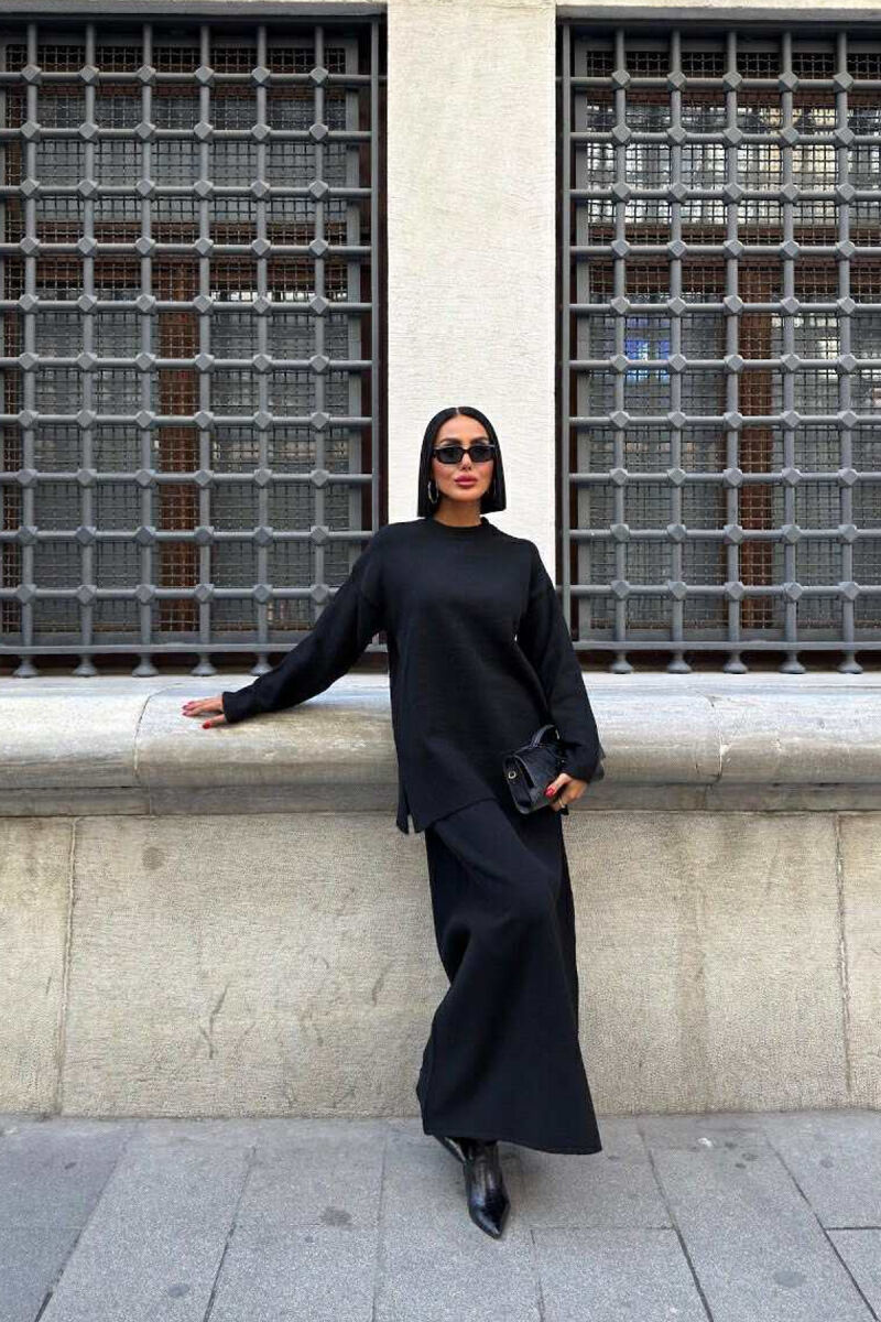 ROUND NECK SWEATER+SKIRT ONE COLOR WOMEN SET BLACK/ E ZEZE - 1