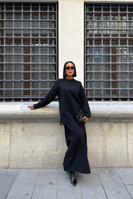 ROUND NECK SWEATER+SKIRT ONE COLOR WOMEN SET BLACK/ E ZEZE 