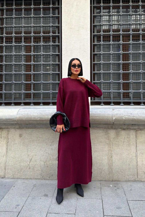 ROUND NECK SWEATER+SKIRT ONE COLOR WOMEN SET BURGUNDY/VISHNJE - 1