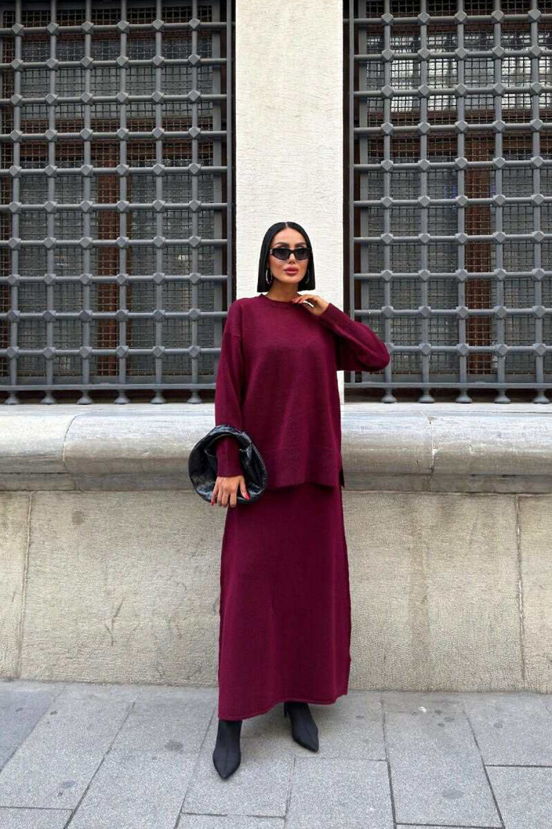 ROUND NECK SWEATER+SKIRT ONE COLOR WOMEN SET BURGUNDY/VISHNJE - 1