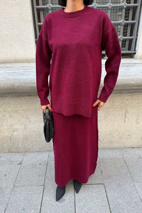 ROUND NECK SWEATER+SKIRT ONE COLOR WOMEN SET BURGUNDY/VISHNJE - 5