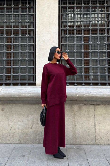ROUND NECK SWEATER+SKIRT ONE COLOR WOMEN SET BURGUNDY/VISHNJE - 2