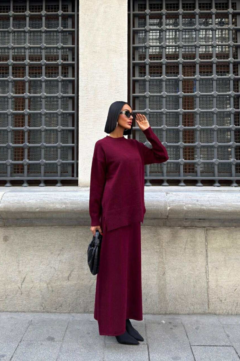 ROUND NECK SWEATER+SKIRT ONE COLOR WOMEN SET BURGUNDY/VISHNJE - 2
