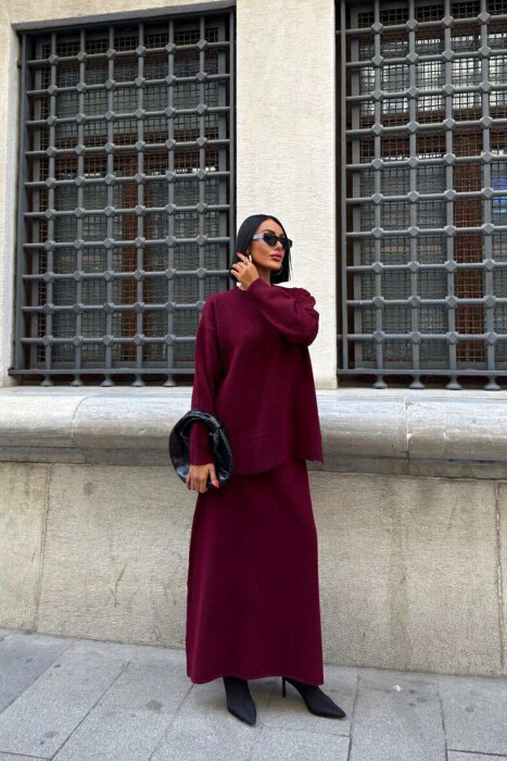 ROUND NECK SWEATER+SKIRT ONE COLOR WOMEN SET BURGUNDY/VISHNJE - 3