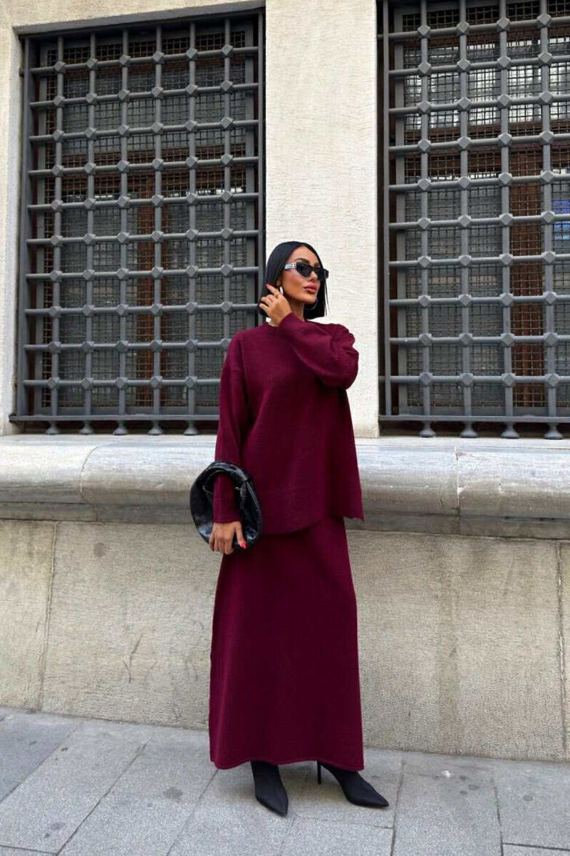 ROUND NECK SWEATER+SKIRT ONE COLOR WOMEN SET BURGUNDY/VISHNJE - 3