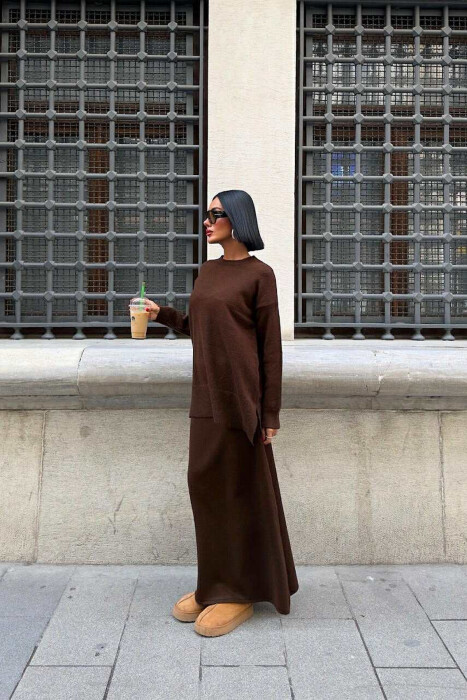 ROUND NECK SWEATER+SKIRT ONE COLOR WOMEN SET DARK BROWN/KAE - 3