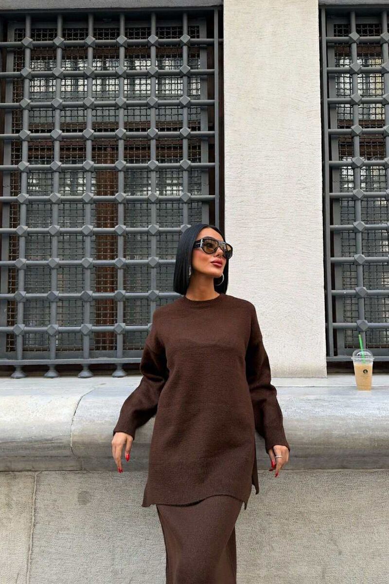 ROUND NECK SWEATER+SKIRT ONE COLOR WOMEN SET DARK BROWN/KAE - 4