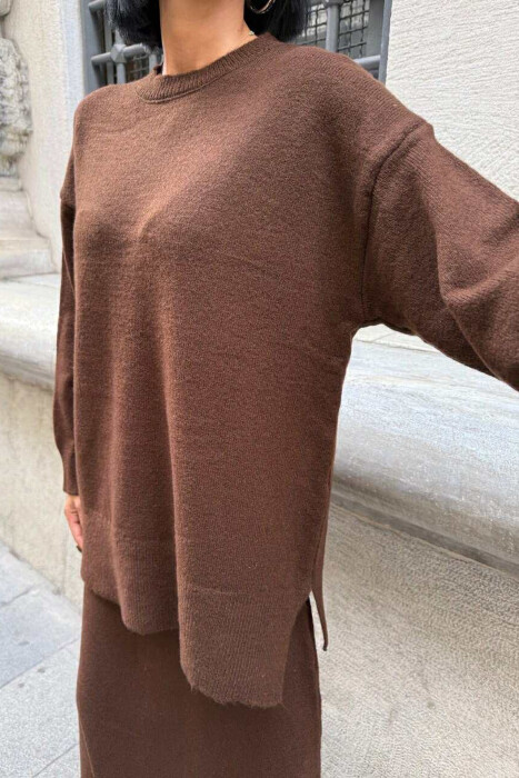 ROUND NECK SWEATER+SKIRT ONE COLOR WOMEN SET DARK BROWN/KAE - 5