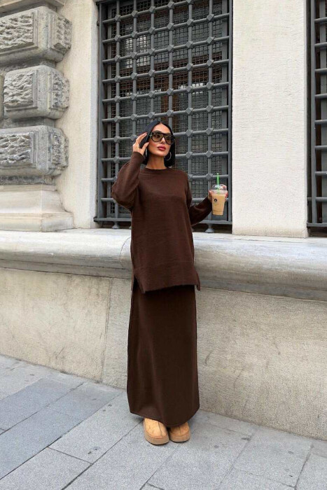ROUND NECK SWEATER+SKIRT ONE COLOR WOMEN SET DARK BROWN/KAE - 2