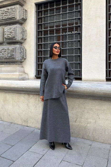 ROUND NECK SWEATER+SKIRT ONE COLOR WOMEN SET DARK GREY/GEE - 1