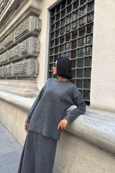 ROUND NECK SWEATER+SKIRT ONE COLOR WOMEN SET DARK GREY/GEE - 4