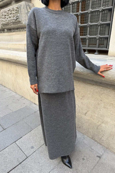 ROUND NECK SWEATER+SKIRT ONE COLOR WOMEN SET DARK GREY/GEE - 5