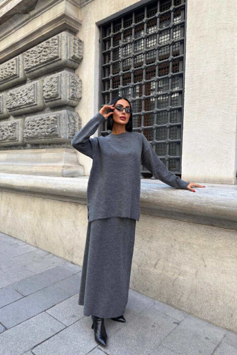 ROUND NECK SWEATER+SKIRT ONE COLOR WOMEN SET DARK GREY/GEE - 2