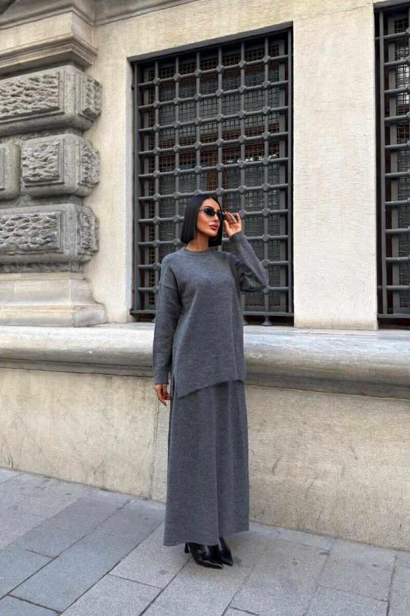 ROUND NECK SWEATER+SKIRT ONE COLOR WOMEN SET DARK GREY/GEE - 3