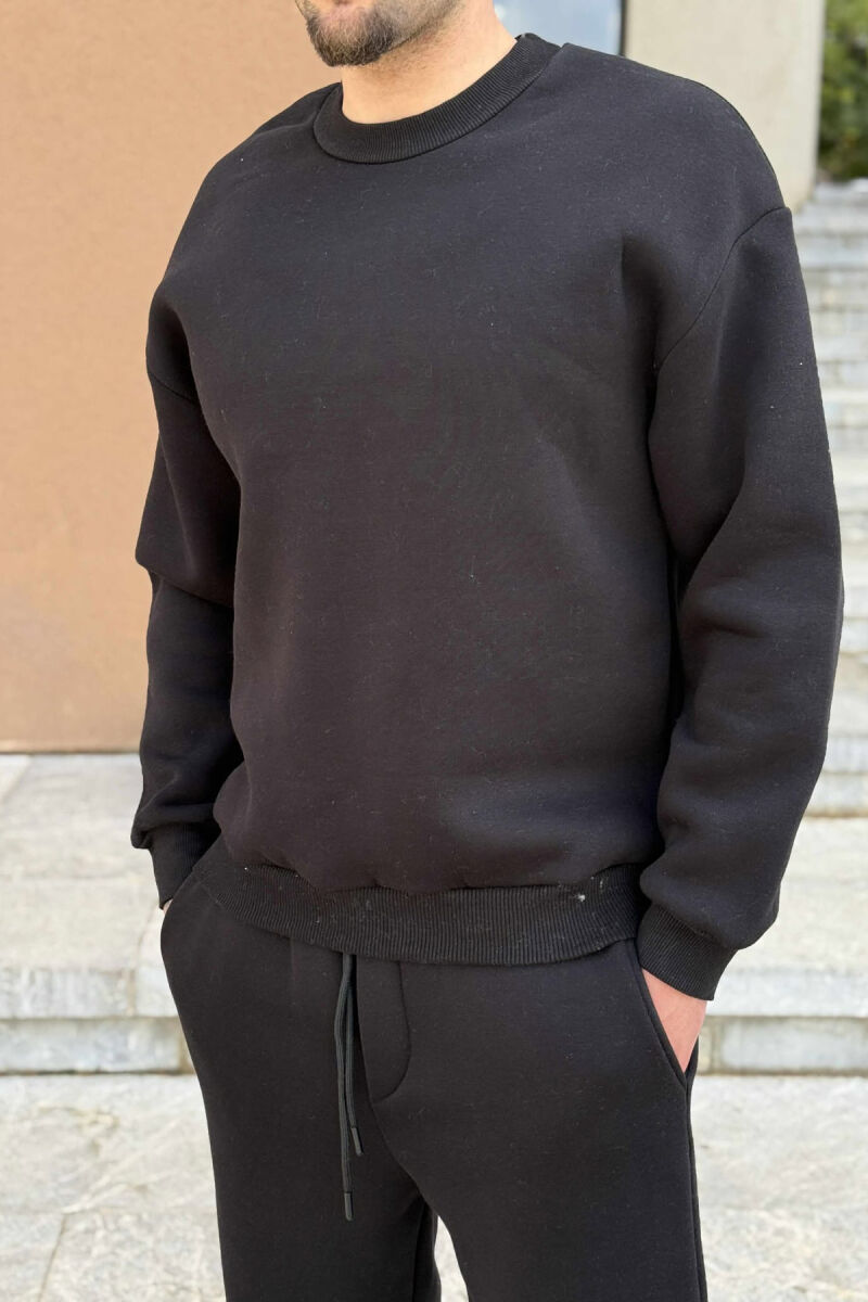 ROUND NECK SWEATSHIRT+JOGGERS FLUFFY MEN SET BLACK/ E ZEZE - 2