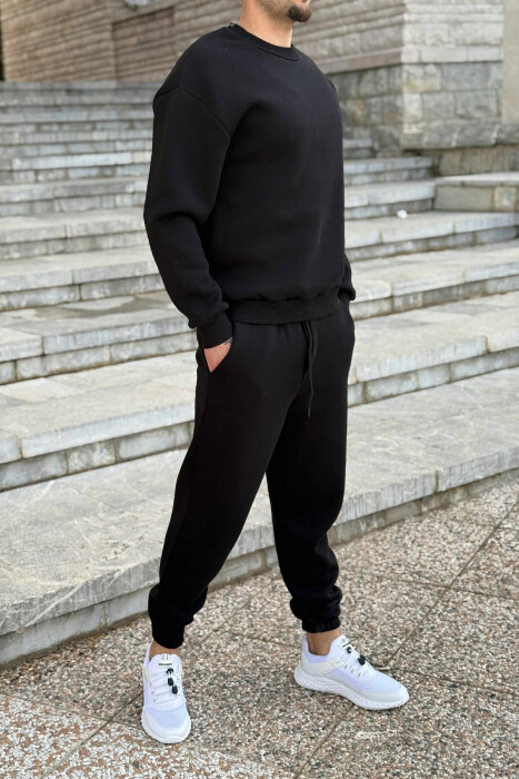 ROUND NECK SWEATSHIRT+JOGGERS FLUFFY MEN SET BLACK/ E ZEZE - 3