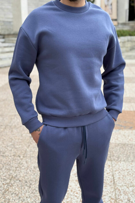 ROUND NECK SWEATSHIRT+JOGGERS FLUFFY MEN SET BLUE/BLU - 2