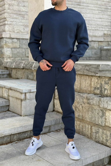 ROUND NECK SWEATSHIRT+JOGGERS FLUFFY MEN SET DARK BLUE/BEE 