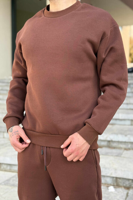 ROUND NECK SWEATSHIRT+JOGGERS FLUFFY MEN SET DARK BROWN/KAE - 2