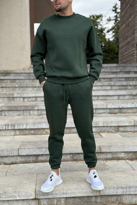 ROUND NECK SWEATSHIRT+JOGGERS FLUFFY MEN SET DARK GREEN/JEE 