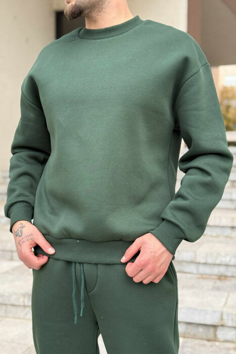 ROUND NECK SWEATSHIRT+JOGGERS FLUFFY MEN SET DARK GREEN/JEE - 2